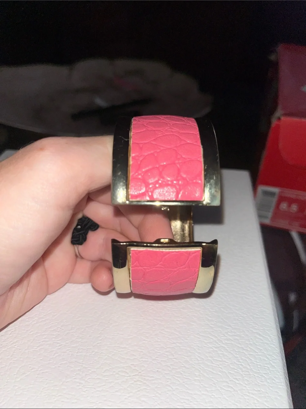 Pink Leather-Textured Statement Braclet/Cuff
